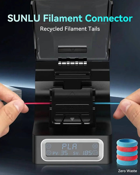 Person using Must Have Filament Connector Splicer Kit With PTFE Sleeve For 1.75mm Filaments, digital display shows 185°C.