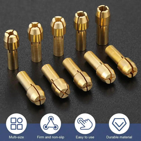 Must-Have All-In-One Drill Chuck Collet Set With Quick Change Rotary Tool Adapter for various shank sizes, showcasing 10 collet sizes.