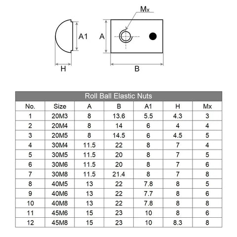 Technical diagram of Roll-In Spring M4 T Nut for 4040 Aluminum Extrusion sizes, showing dimensions for ball-driven elastic T-slot nuts.