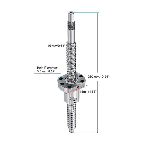 Illustration of Beefy Ball Screw SFU1605 16mm Diameter 5mm Lead 260mm Length with Anti Backlash Kit for CNC Machines