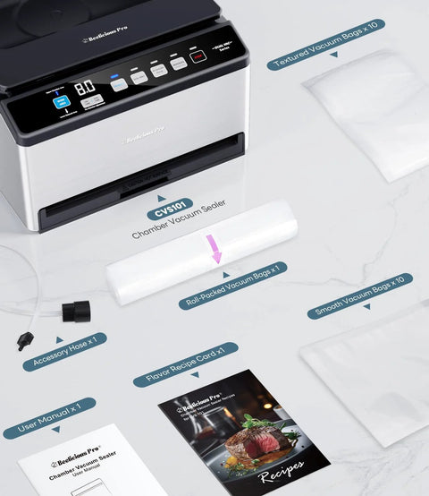 CVS101 chamber vacuum sealer, stainless steel body with black control panel; includes bags, manual, recipe cards