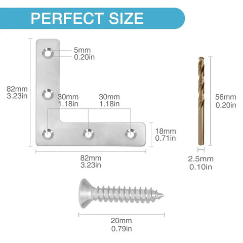 Diagram showing dimensions of 8 Pack L Shaped Corner Brackets Stainless Steel 3.23 X 3.23 Inch 90 Degree Right Angle Mending Plates With 40 Screws.