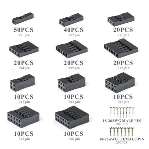 Dupont Connector Kit 2.54mm Pitch Single Row Male Headers With Crimp Pins variably sized shown with quantity for 3D printers
