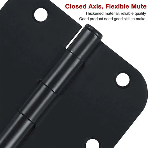 Close-up of Rounded Matte Black Door Hinges Set Three And A Half Inch Five Eighths Inch Radius, showing hinge axis details