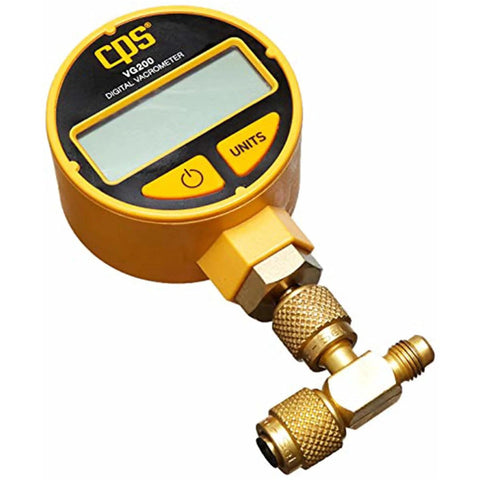 CPS VG200 digital vacrometer vacuum gauge in yellow housing with LCD display and two buttons; brass T-fitting and hook