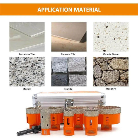 Diamond Core Drill Bits Set For Porcelain Tile And Stone Dry Drilling Kit Eight Piece Vacuum Brazed Hole Saw Set Including Six Core Bits In 25 35 45 50 65 And 75 Millimeters Plus 25 Millimeter Finger Bit And SDS Adapter For Ceramic Marble Granite Brick displayed with application materials.