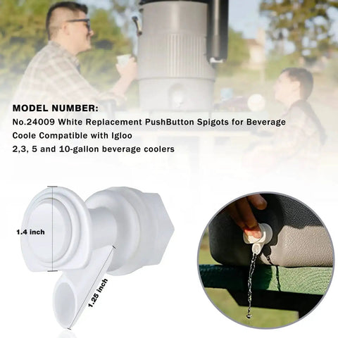 Push Button Cooler Spigot Replacement 3 Pack White For 2 To 10 Gallon Beverage Coolers in use at outdoor setting