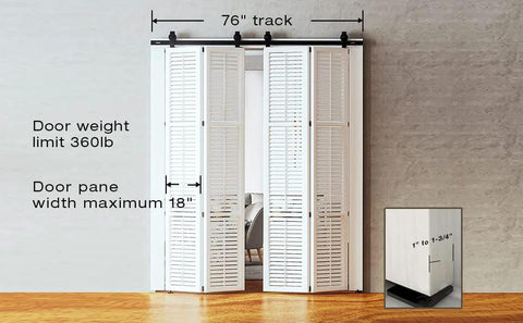 Heavy Duty Four Door Bifold Barn Door Hardware Kit With Black Track And Top Mounted Rollers For Smooth Bifold Sliding Doors Includes Rail Sections Rollers Hinges Floor Guides And Mounting Screws Door Not Included shown with 76in track