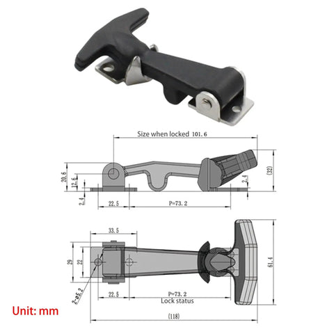 4.6 Rubber Flexible T Handle Draw Latches With Brackets For Toolbox Golf Cart, with detailed dimensions in mm and side view diagram.