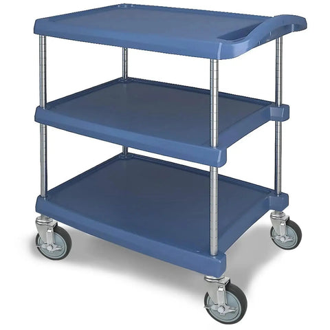 Metal cart with blue shelves and 5 Inch Stem Locking Caster Wheels Set Of 4 For Wire Shelving Racks Heavy Duty With Brakes Non Marking