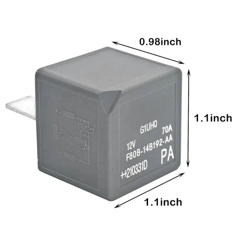 Beefy 12V DC 70A 4-Pin Automotive Power Relay for Heavy-Duty Circuits, shown with dimensions 1.1x1.1x0.98 inches.