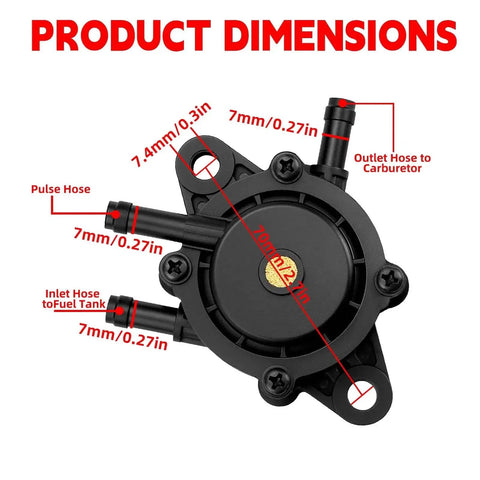 Beefy Vacuum Fuel Pump Replacement for 17HP to 25HP Small Engines with labeled dimensions, showing multiple hose outlets.