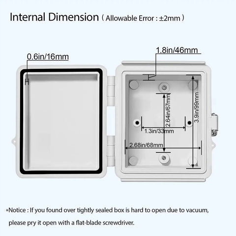 Internal dimensions of Rugged IP67 Waterproof Electrical Junction Box With Hinged Cover And Stainless Steel Latch, ABS Plastic Enclosure