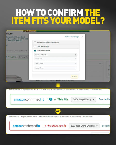 Amazon fit confirmation screen showing steps to verify vehicle compatibility for part purchase.