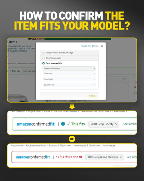 Screenshot demonstrating Amazon's Confirmed Fit tool for vehicle parts compatibility check