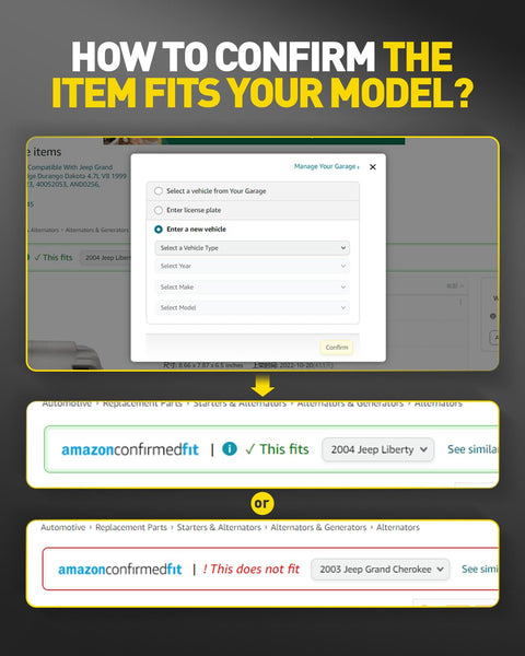 Screenshot showing steps to confirm product fit using vehicle selection on an online store page for automotive parts.
