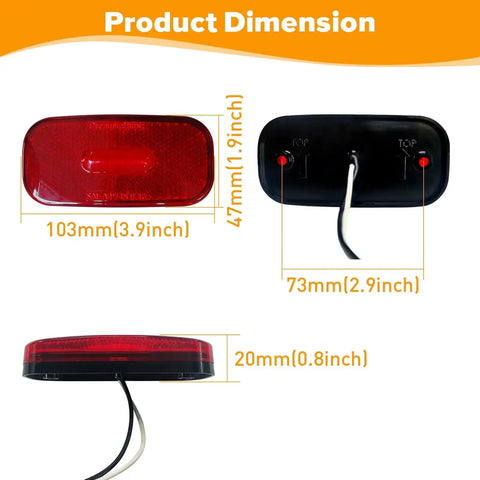 Red 3.9 Inch LED Side Marker Light dimensions with front and back view, showing wiring for automotive clearance indicator 12V