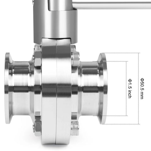 Butterfly valve, sanitary 1.5in, stainless steel 304 tri-clamp with pull handle, 2 pcs