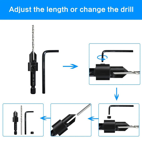 All In One Countersink Drill Bit Set For Woodworking With Depth Adjustable 82 Degree Chamfer showing hex shank, allen wrench, pilot bit adjustments.