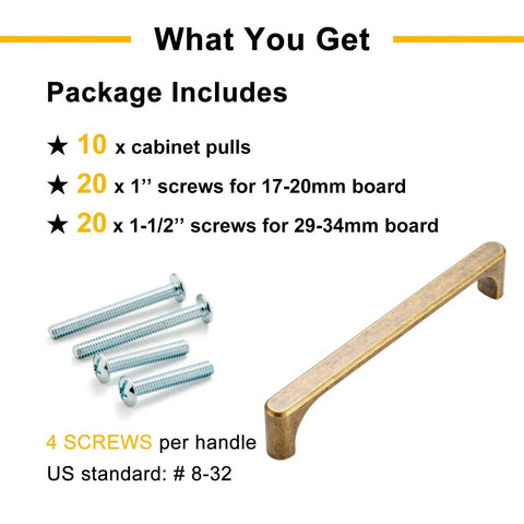Package contents of 10 Pack Antique Brass Drawer Pulls 3 Inch Vintage Cabinet Handles, including screws and handle.