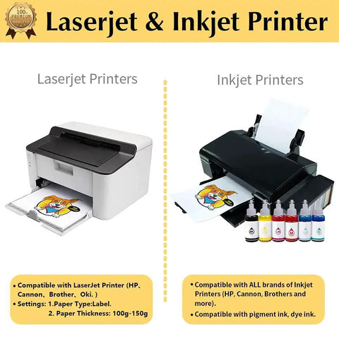 Two printers side by side showing options for inkjet and laser printing with Light Three Zero Printable Heat Transfer Paper For T Shirts DIY Friendly 15 Sheets 8.5x11 Inches For Inkjet And Laser Printers Iron On Transfers For Light Fabrics Easy To Use And Washable Tru Heat By TransOurDream.