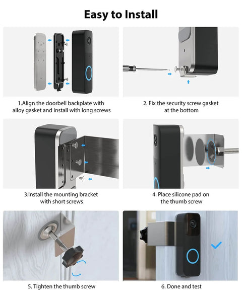 Steps to install No Drill Anti Theft Doorbell Mount For Blink Video Doorbell; showing alignment, securing, bracketing, and testing.