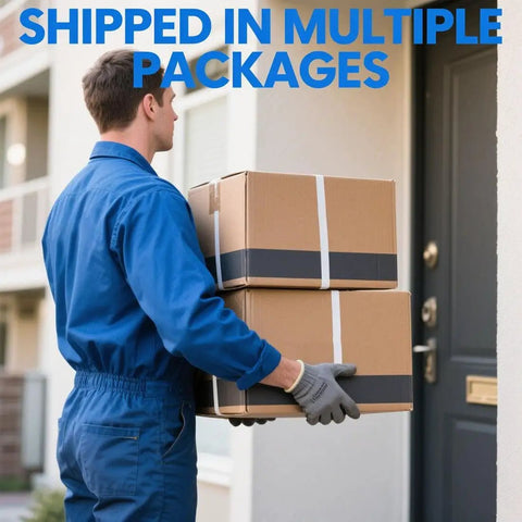 Delivery person carrying two cardboard boxes labeled "Shipped in Multiple Packages" to a front door.