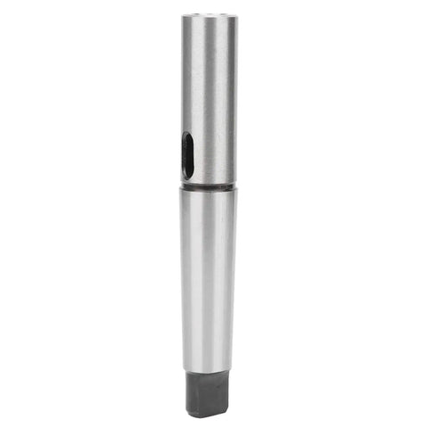Front view of MT4-MT2 taper drill sleeve adapter in steel, two-tone silver and dark finish with a side hole