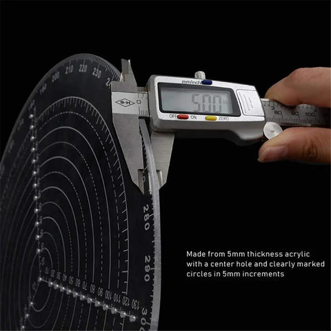Close-up of Round Center Finder Compass for Wood Turners Lathe Work Pro Grade Clear Acrylic Circle Layout Tool with caliper measuring thickness.