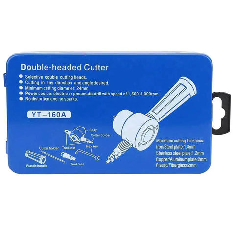 Packaging of Dual Head Metal Sheet Nibbler Cutter Drill Attachment Kit with tool illustration