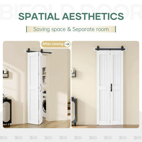 30 X 84 Inch Bi-Fold Barn Door For Closets With Hardware Kit Included, White Aluminum Track System And MDF Doors, Installed View