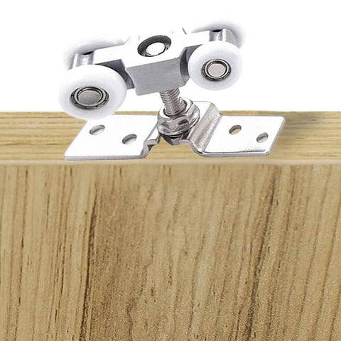 Slick Four Wheel Metal Sliding Track Pocket Door Roller Kit with Hanger Ball Bearing Pulleys installed on wood edge