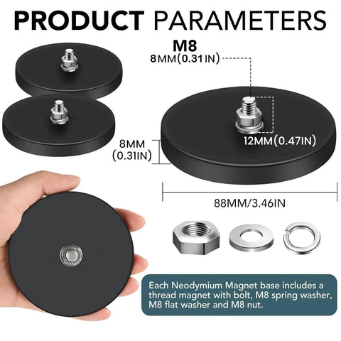 DIYMAG 6-pack black rubber-coated neodymium magnets with M8 threaded studs and nuts