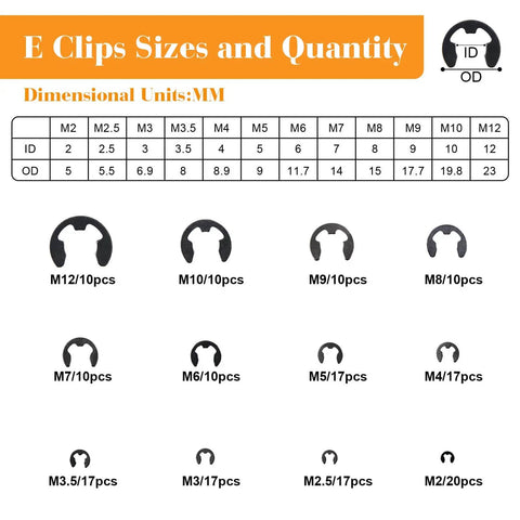 Chart showing E clip sizes and quantities from 2mm to 12mm in 330 Piece Snap Rings Kit With E Clips And C Clips External Retaining Rings Assortment 24 Sizes From 2mm To 16mm Carbon Steel Circlip Set For Mechanics Gearheads DIYers Automotive Enthusiasts.