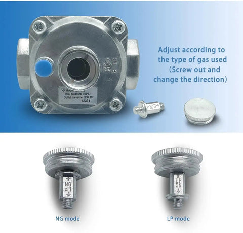 Natural Gas Regulator For Grills And Stoves, One Half Inch Inlet With Two Brass Adapters, NG And LPG Convertible, output adjustment view