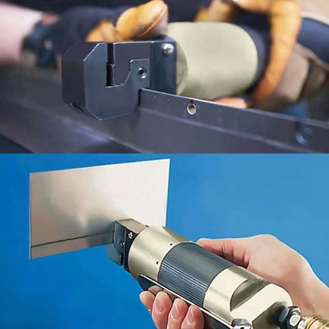 Heavy Duty Pneumatic Sheet Metal Punch Tool Kit with US Connector, straight type air puncher in use on metal sheet for industrial tasks.