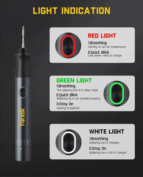 T1 Max Cordless Soldering Iron Kit with light indication guide showing red, green, and white light signals for usage status.