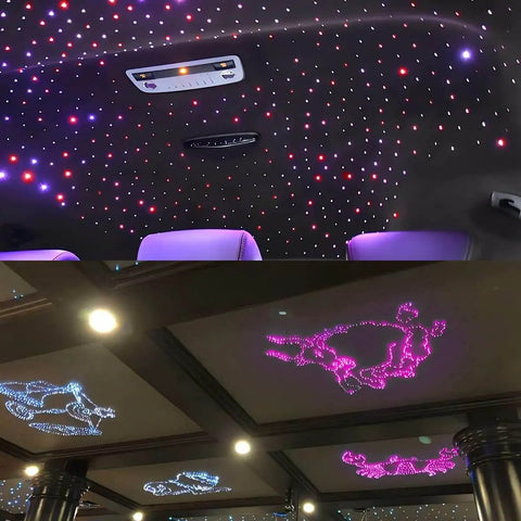 Car and home ceiling with Dual Port Fiber Optic Light Kit For Cars And Homes With RGBW Sound Activated Heads, starry light patterns.