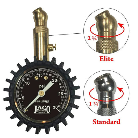 JACO Elite low pressure tire gauge, 30 PSI, brass angled chuck, black dial