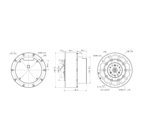 FPBIGCHA MG8016E-i6B dual-encoder planetary gearbox motor with brake (CAN), front, side, back views
