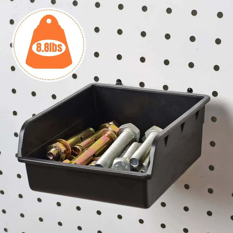 Black bin from Pegboard Hooks And Accessories Kit For 1/8 Inch And 1/4 Inch Pegboards, 38 Piece Set, mounted on white pegboard