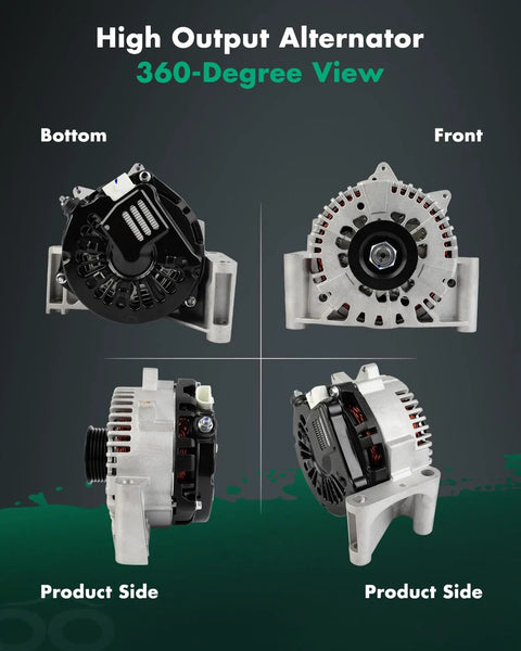 Beefed Up 12V 130Amp High Output Alternator Replacement For Ford Five Hundred Freestyle And Mercury Montego 2005 2007 CW Clockwise Rotation With Internal Regulator IR Car Auto Part showing 360-degree views of front, bottom, and sides.