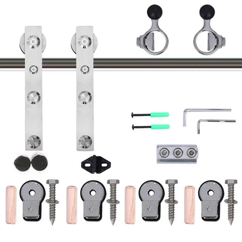 6Ft Sliding Barn Door Hardware Kit With Stainless Steel Hangers And Aeronautical Grade Aluminum Track For A Single Wood Door, Heavy Duty Ultra Quiet And Smooth Sliding System, Chrome Plated Finish, L Style Mount components