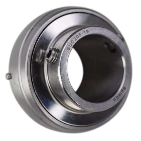 1 Inch Stainless Steel Insert Bearing With Locking Set Screws MUC205-16 SUC205-16, close-up of wide inner race and grease fitting