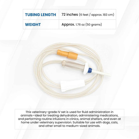 JorVet Universal IV Set for veterinary use; 72-inch soft tubing with Luer connector, roller clamp and air vent.