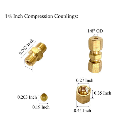 6 pcs brass 1/8 in compression couplings, 1/8 in OD x 1/8 in OD, for refrigeration, water, oil, gas, hydraulic systems.