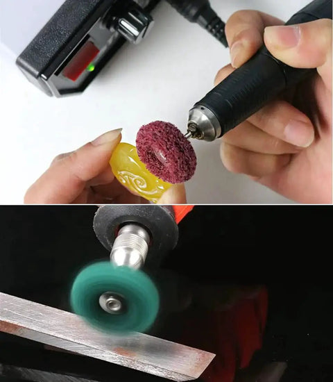 Hand holding a rotary tool with an abrasive wheel, polishing yellow object. Abrasive Wheel Set For Rotary Tools 50 100 200 Pieces One Inch Buffing Polishing Wheels With One Eighth Inch Shank Five Grits 120 180 320 400 600 For Metal Jewelry Polishing And Finishing For Pros And DIYers.