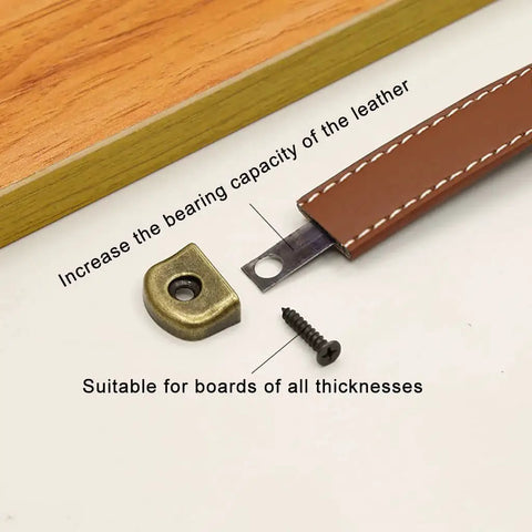 Leather Drawer Pulls With Iron Plate For Enhanced Bearing Capacity 6 Piece Set Includes Self Tapping Screws showing components and wood board