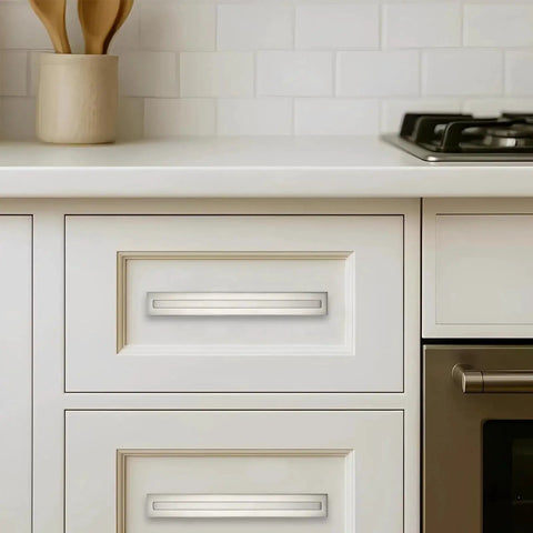 5 Pack 3 Inch Hole Center Brushed Satin Nickel Cabinet Pulls With Backplates And Base Plates on kitchen drawer