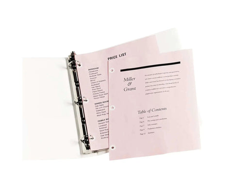 Binder with pink pages using Self Adhesive Hole Reinforcement Stickers For One Quarter Inch Punches White Non Printable Reinforcement Labels.